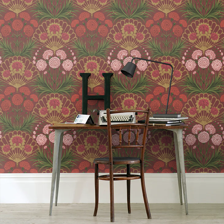 Flamenco Fan Wallpaper - Rose Bright & Metallic Gold on Crimson