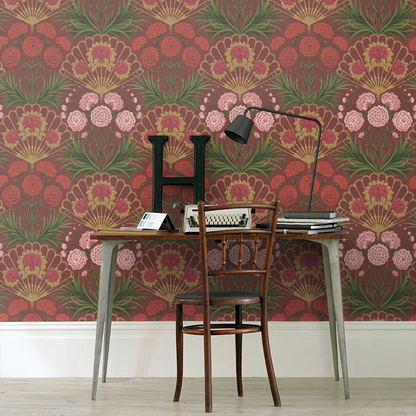 Flamenco Fan Wallpaper - Rose Bright & Metallic Gold on Crimson