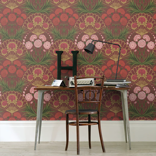 Flamenco Fan Wallpaper - Rose Bright & Metallic Gold on Crimson