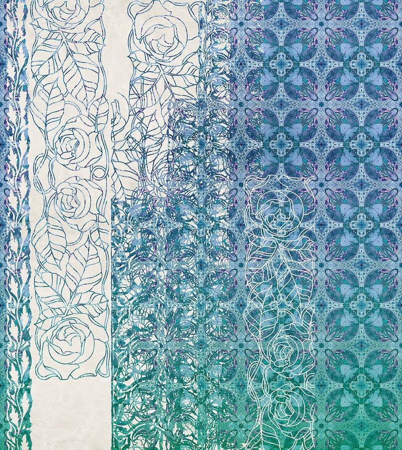 Renaissance Bloom - Blue Teal - Custom Sized Wallpaper Mural (per m2)