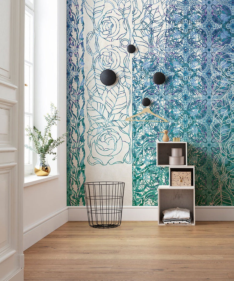 Renaissance Bloom - Blue Teal - Custom Sized Wallpaper Mural (per m2)
