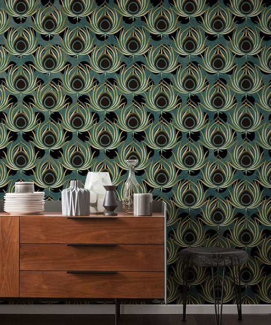 Opulent Plume - Teal - Custom Sized Wallpaper Mural (per m2)