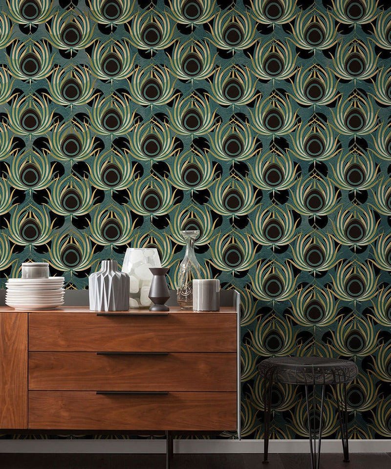 Opulent Plume - Teal - Custom Sized Wallpaper Mural (per m2)