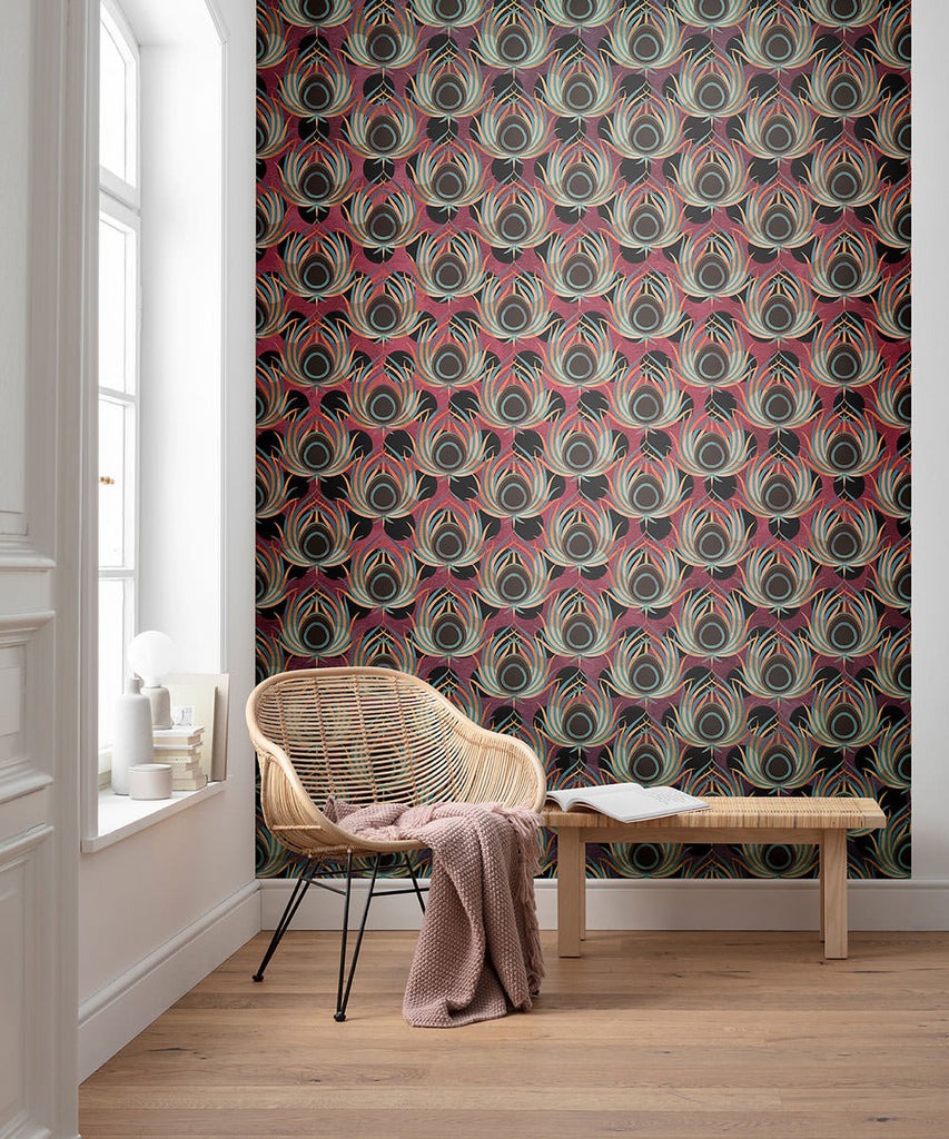 Opulent Plume - Burgundy- Custom Sized Wallpaper Mural (per m2)