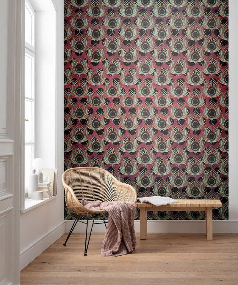 Opulent Plume - Burgundy- Custom Sized Wallpaper Mural (per m2)