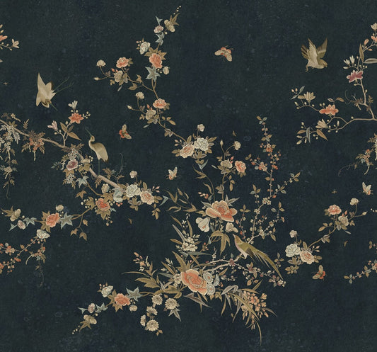 Whispering Blooms - Custom Sized Wallpaper Mural (per m2) - Midnight Blue