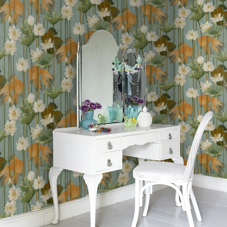 Lagoon Lily Goldfish Wallpaper - Teal