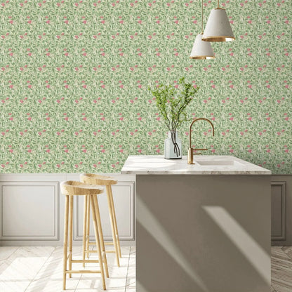 Arbutus by Morris Wallpaper - Olive/Pink