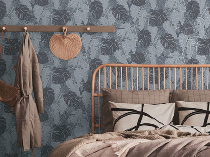 Metallic Monstera Fronds Wallpaper - House of Turnowsky - Blue