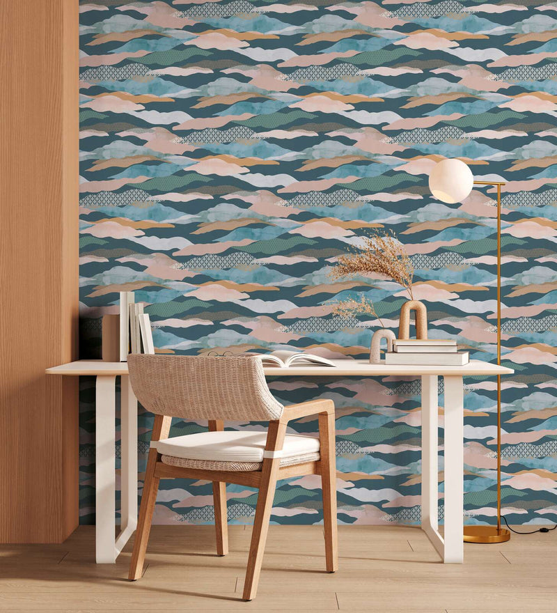 Graphic Wave and Palm Wallpaper - Blue/Green/Pink