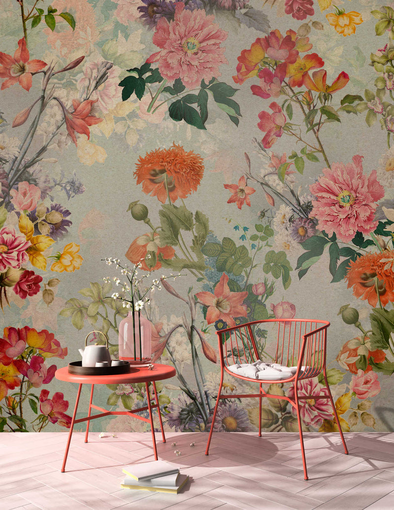 Vintage Flowers - Pink  - Custom Sized Wallpaper Mural (per m2)