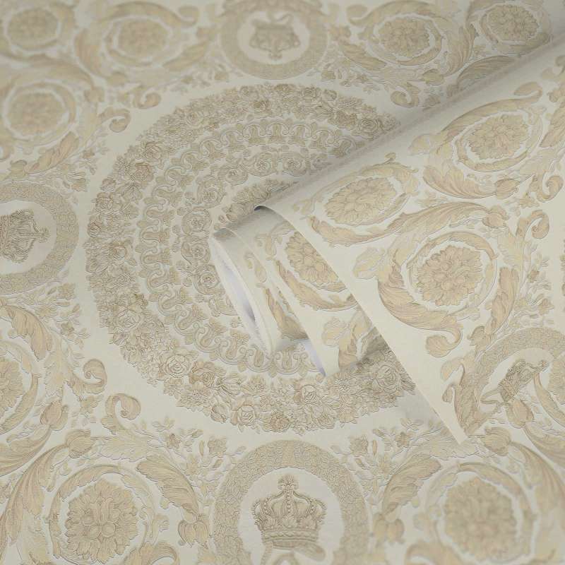 Versace Crown Moulding Wallpaper - Beige/Silver/Creme