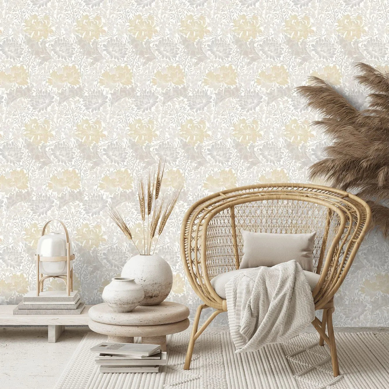 Chrysanthemum - Eden by Morris Wallpaper - Natural Stone