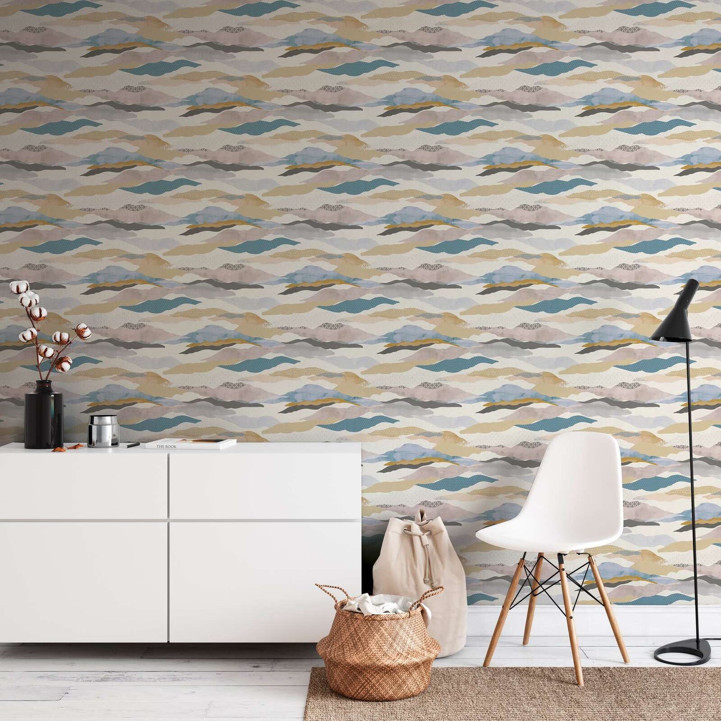 Graphic Wave and Palm Wallpaper - Blue/Pink/Beige