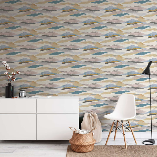 Graphic Wave and Palm Wallpaper - Blue/Pink/Beige