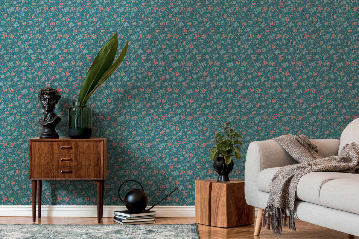 Jasmin - Floral Wallpaper - Blue Green