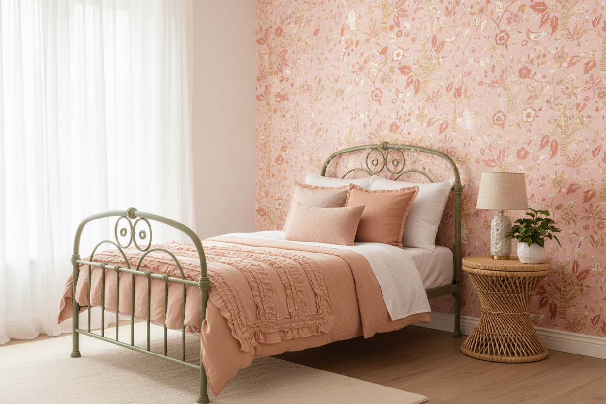 Echappee Pêche de Vigne - Girls Bedroom Green Wrought Iron Bed