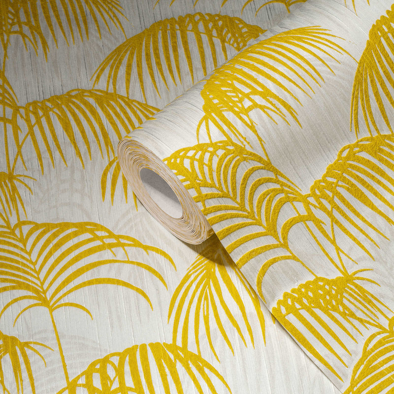 Textured Palm Silk Wallpaper - Yellow and White