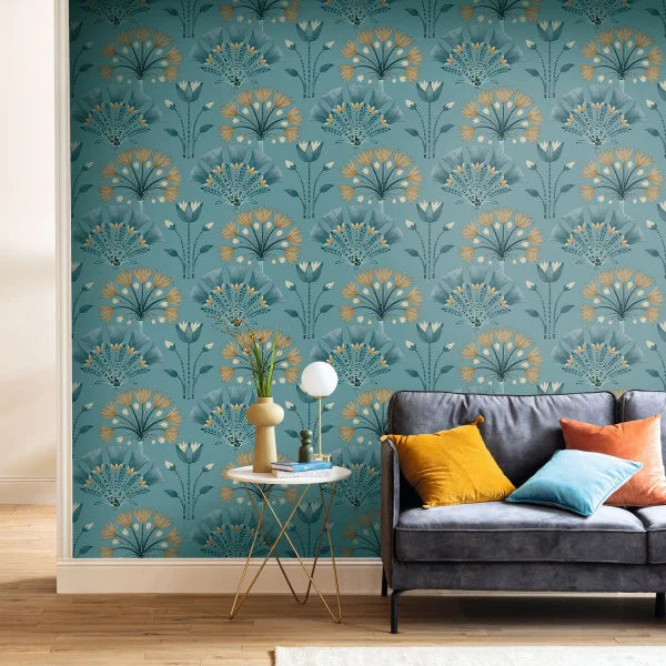 Majestic Wallpaper - Bleu d outre mer beige