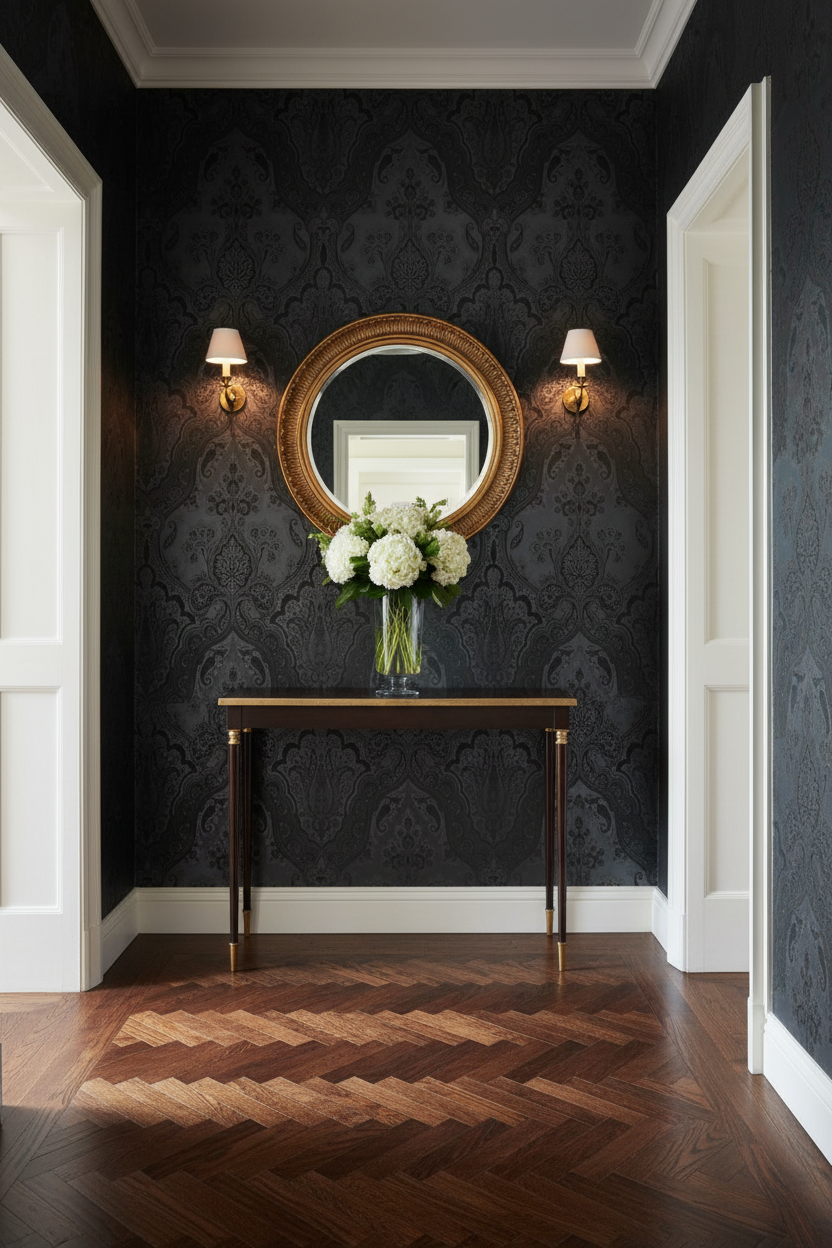 Elegant Hallway - Damask Wallpaper Dark