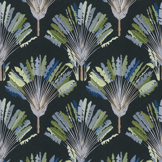 Watercolour Fan Trees Wallpaper - Black/Blue - Discontinuing