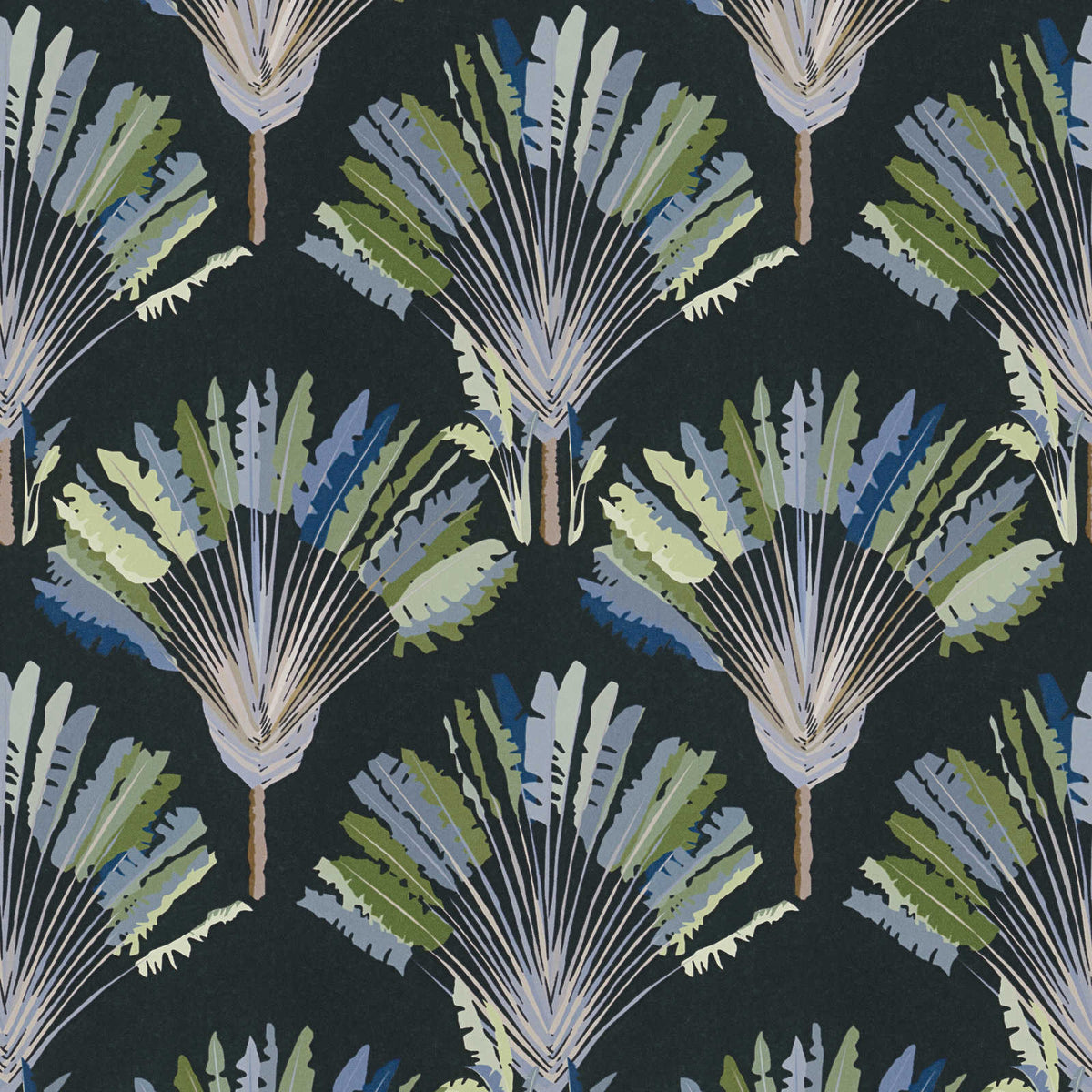 Sample - Watercolour Fan Trees Wallpaper (Jungle Chic Collection) - Black/Blue