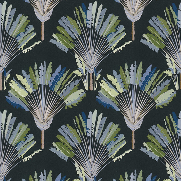 Sample - Watercolour Fan Trees Wallpaper (Jungle Chic Collection) - Black/Blue