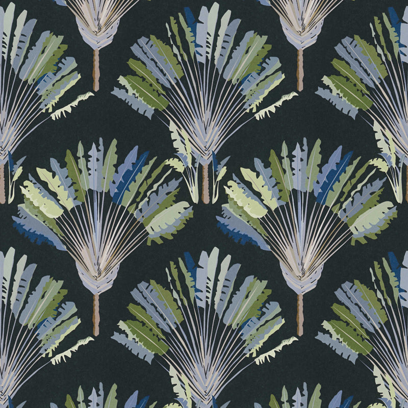 Sample - Watercolour Fan Trees Wallpaper (Jungle Chic Collection) - Black/Blue