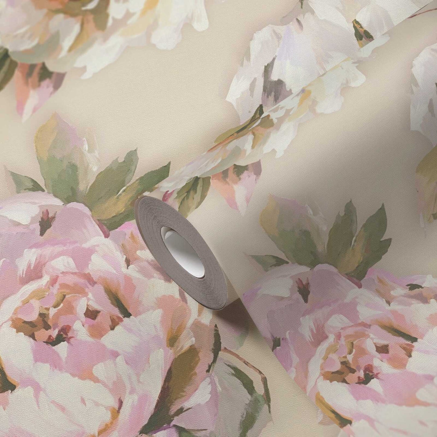 Watercolour Rose Wallpaper - White, Purple & Taupe