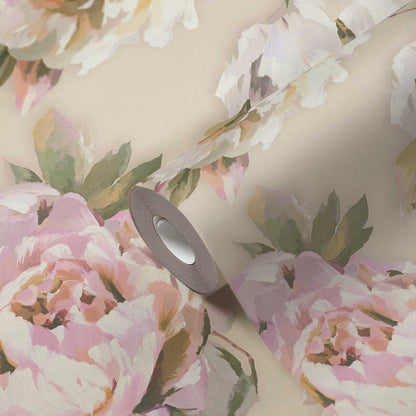 Watercolour Rose Wallpaper - White, Purple & Taupe