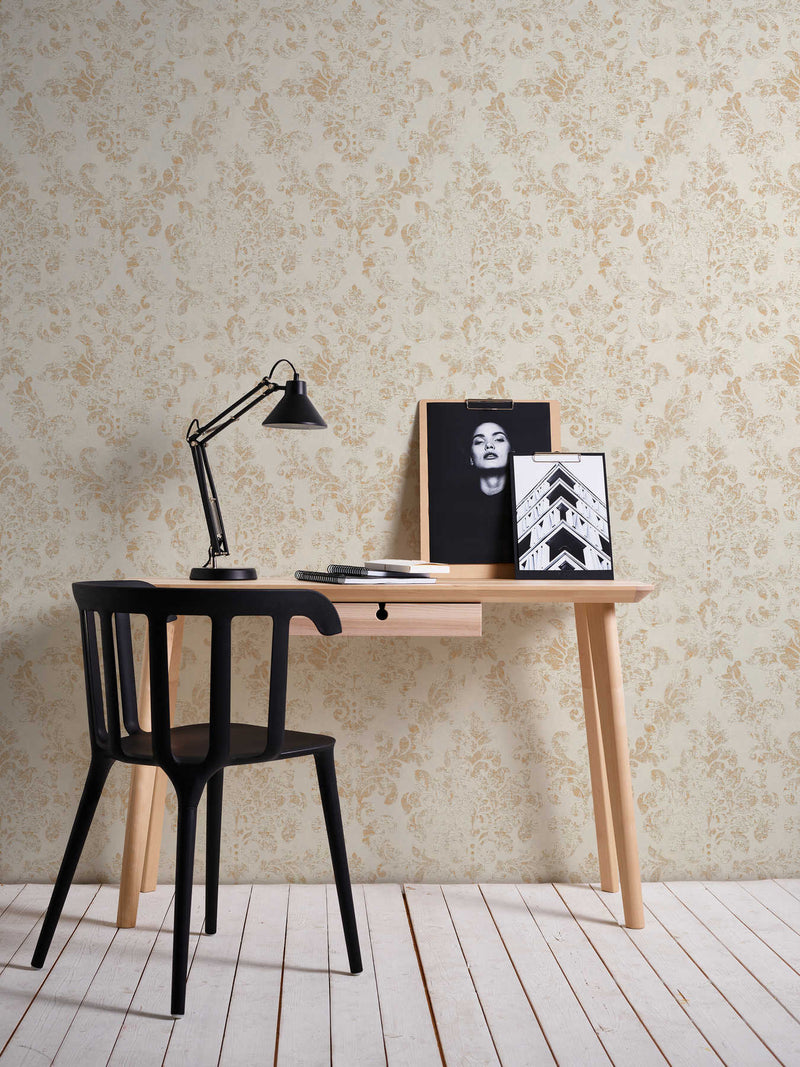 Baroque Damask Wallpaper - Beige + Gold