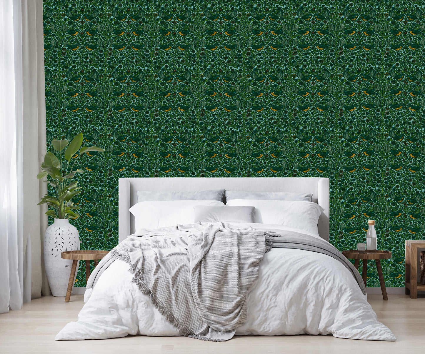 Floral Fantail Wallpaper - NZ Wallpaper - Blue