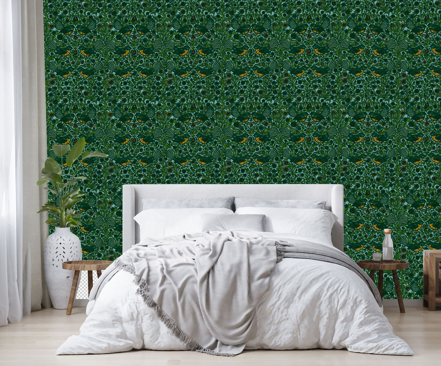 Floral Fantail Wallpaper - NZ Wallpaper - Blue