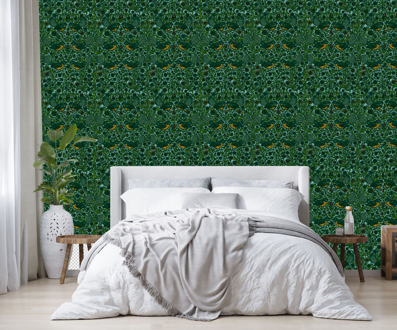 Floral Fantail Wallpaper - NZ Wallpaper - Blue