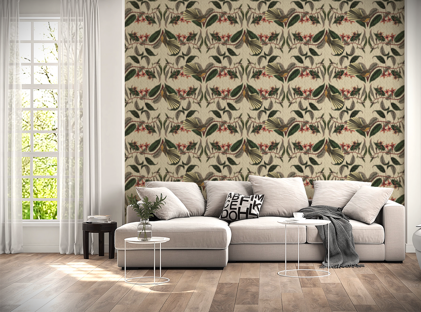 Retro Fantail NZ Inspired Wallpaper - Buff