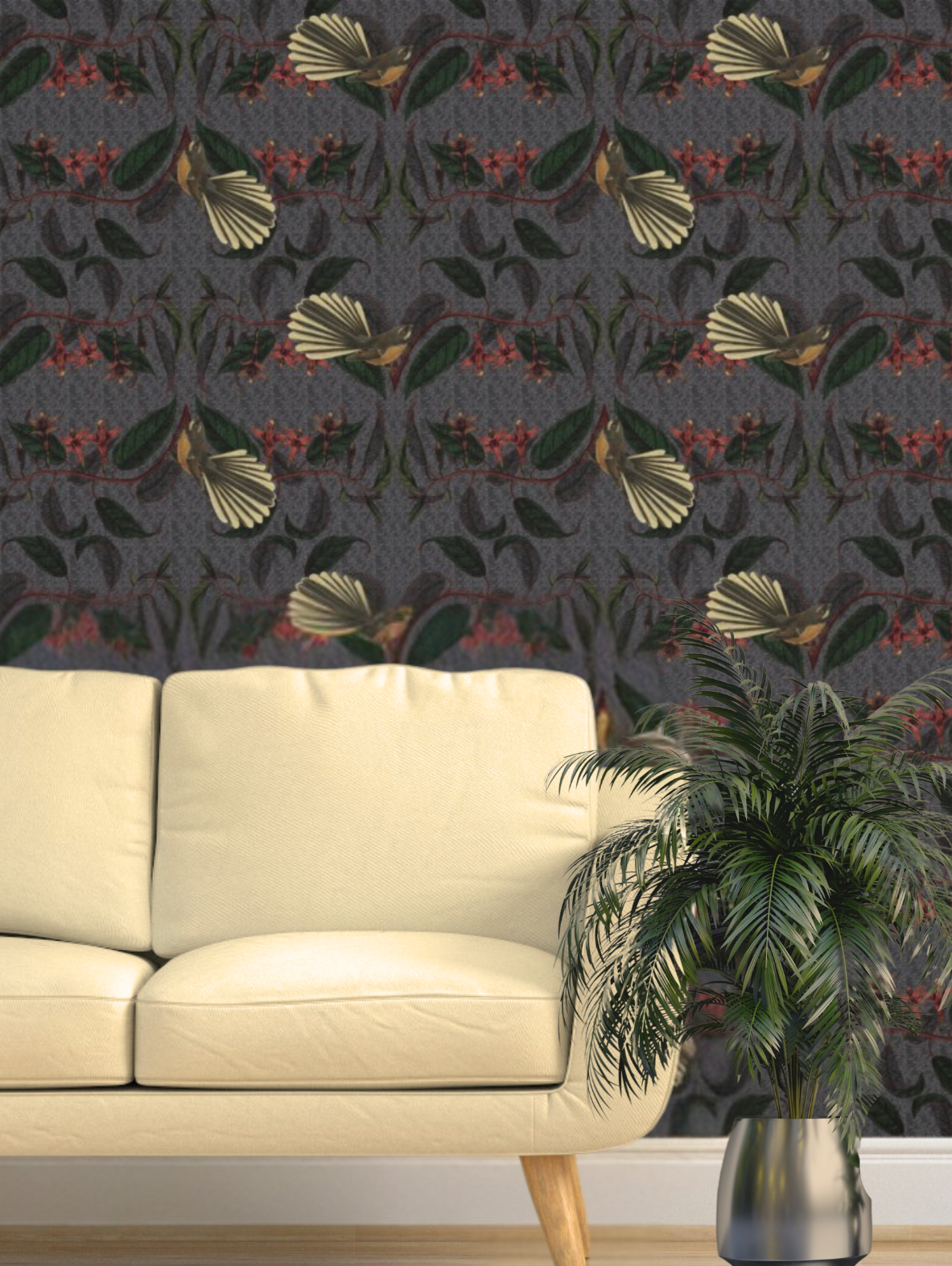Retro Fantail NZ Inspired Wallpaper - Dark Grey