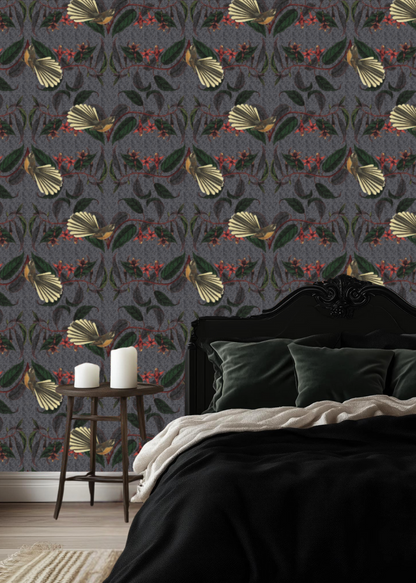 Retro Fantail NZ Inspired Wallpaper - Dark Grey