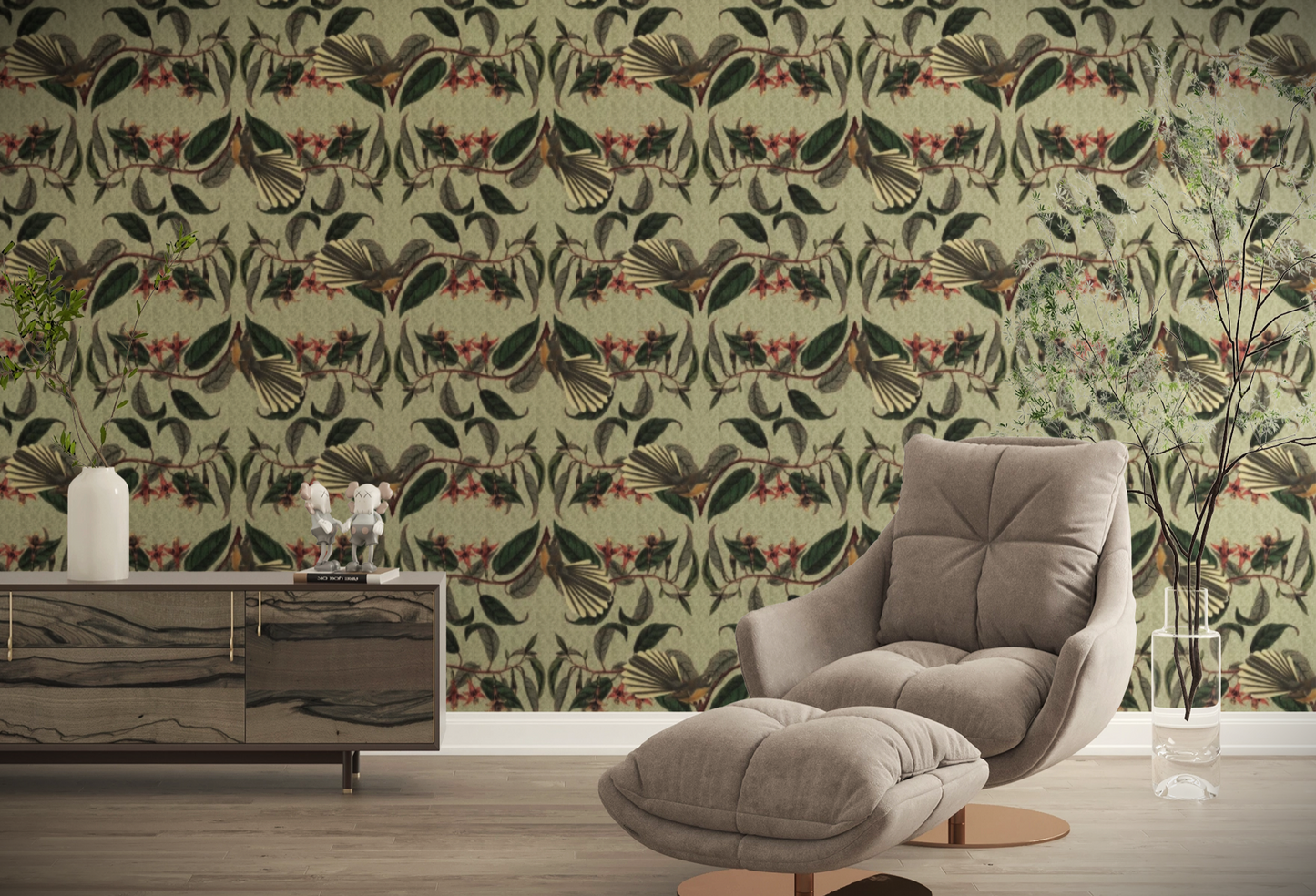 Retro Fantail NZ Inspired Wallpaper - Pale Green