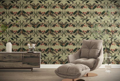 Retro Fantail NZ Inspired Wallpaper - Pale Green