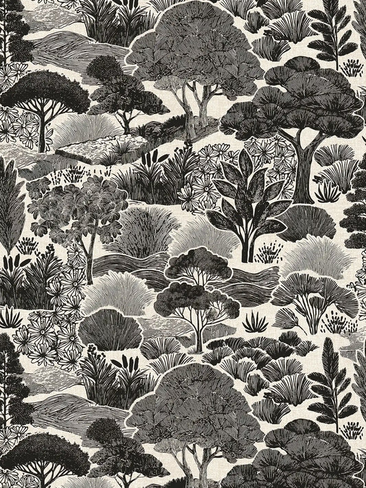Arbor Woodland Toile wallpaper in black – flat pattern