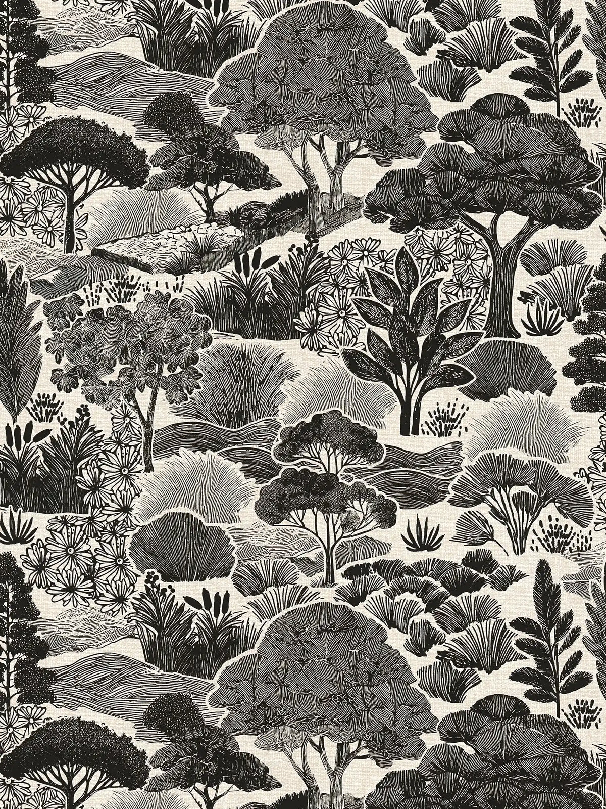 Arbor Woodland Toile wallpaper in black – sample