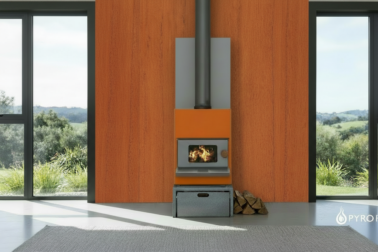 Fireplace scene with smokey black window frames