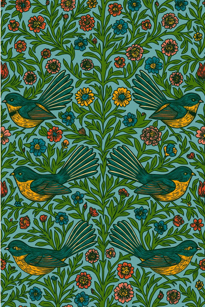 Floral Fantail Wallpaper - NZ Wallpaper - Blue