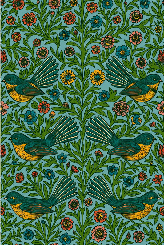 Floral Fantail Wallpaper - NZ Wallpaper - Blue