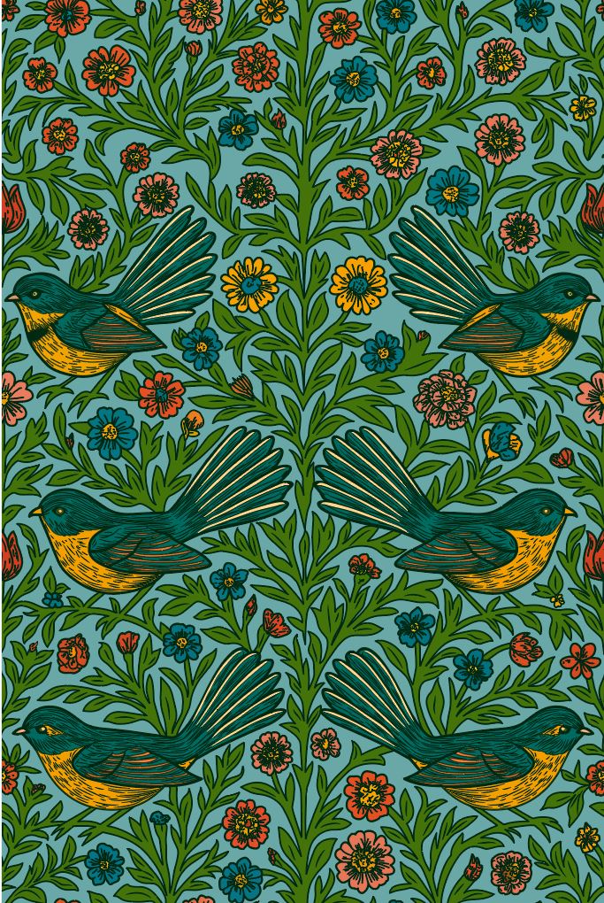 Floral Fantail Wallpaper - NZ Wallpaper - Blue