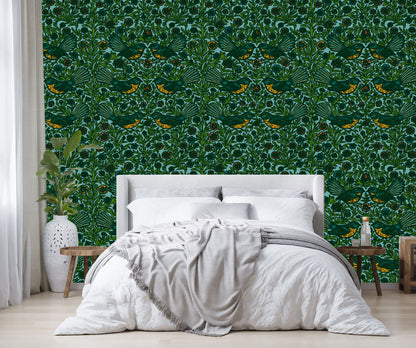 Floral Fantail Wallpaper - NZ Wallpaper - Blue