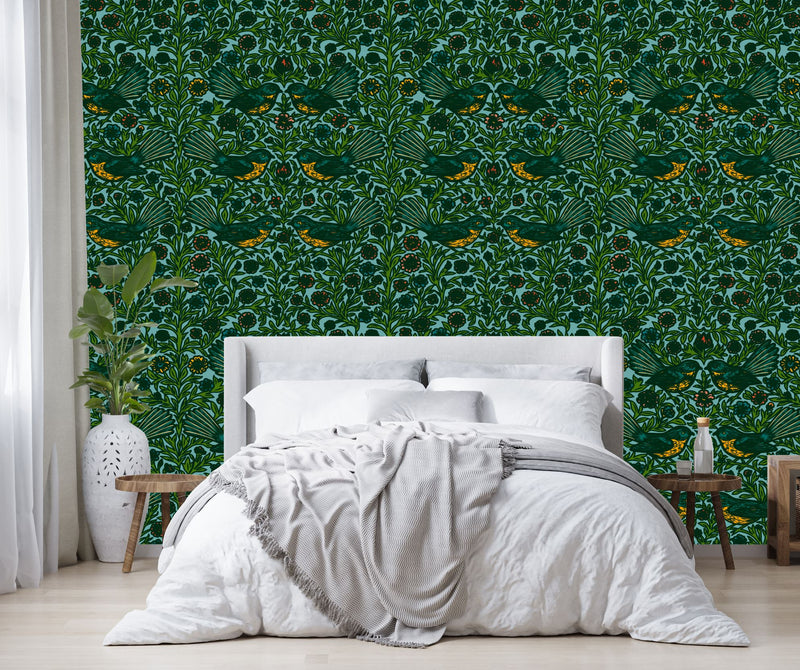 Floral Fantail Wallpaper - NZ Wallpaper - Blue