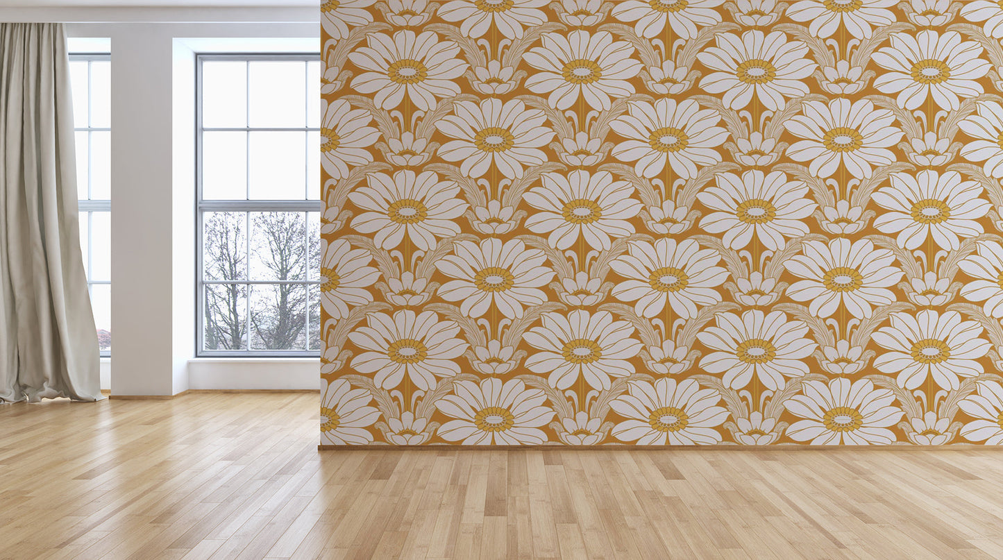 Happy Hippy Floral Wallpaper - Ochre Orange - Custom Mural Wallpaper (per m²)