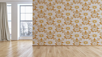 Happy Hippy Floral Wallpaper - Ochre Orange - Custom Mural Wallpaper (per m²)