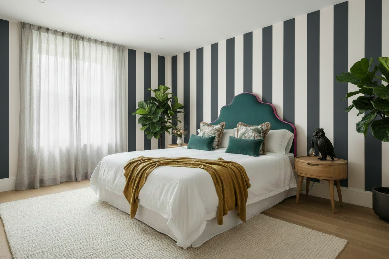Full Room Shot - Cordelia Stripe Wallpaper Navy Black